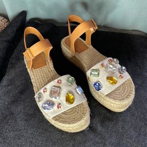 Tory Burch Bejeweled espadrille flat form sandals linen leather pastel woven